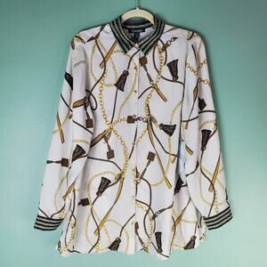 Roz & Ali Beige Button Up Blouse Size 1X NWT Horse Bit & Bridle Western Chain